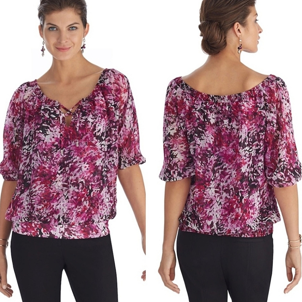 White House Black Market Women's Purple Floral Smocked Dolman Sleeve Blouse XXS